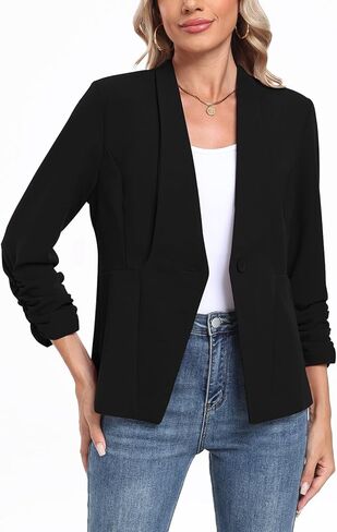 MINTLIMIT Womens Blazer 3/4 Rcuhed Sleeve Button Lightweight Collarless Blazer Business Work Office Jacket Blazers in Saudi Arabia