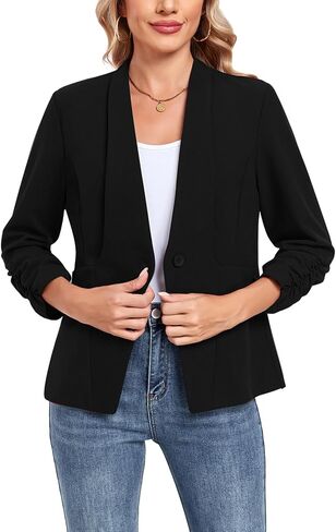 MINTLIMIT Womens Blazer 3/4 Rcuhed Sleeve Button Lightweight Collarless Blazer Business Work Office Jacket Blazers in Saudi Arabia