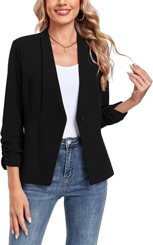 MINTLIMIT Womens Blazer 3/4 Rcuhed Sleeve Button Lightweight Collarless Blazer Business Work Office Jacket Blazers in Saudi Arabia