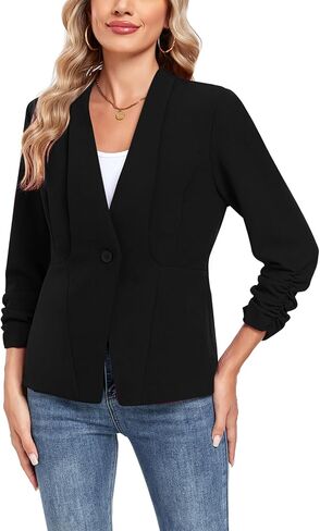 MINTLIMIT Womens Blazer 3/4 Rcuhed Sleeve Button Lightweight Collarless Blazer Business Work Office Jacket Blazers in Saudi Arabia