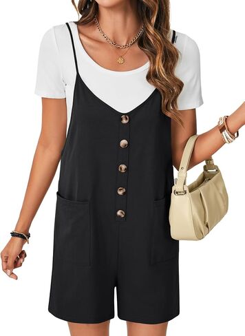 LYANER Women's Casual Summer Sleeveless Romper Loose Adjustable Spaghetti Strap Button Front Stretchy Shorts Jumpsuits in Saudi Arabia