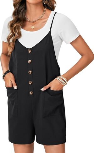 LYANER Women's Casual Summer Sleeveless Romper Loose Adjustable Spaghetti Strap Button Front Stretchy Shorts Jumpsuits in Saudi Arabia