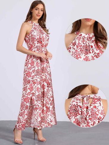 Allegra K Casual Sleeveless Jumpsuit for Women's Boho Pattern Tie Halter Neck Beach Slit Wide Leg Pants in Saudi Arabia