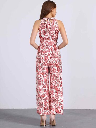 Allegra K Casual Sleeveless Jumpsuit for Women's Boho Pattern Tie Halter Neck Beach Slit Wide Leg Pants in Saudi Arabia