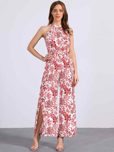 Allegra K Casual Sleeveless Jumpsuit for Women's Boho Pattern Tie Halter Neck Beach Slit Wide Leg Pants in Saudi Arabia