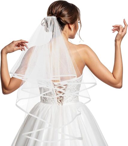 Short Wedding Veil, 2 Tiers White Bridal Veil with Comb Satin Edge Tulle Veils for Women Wedding Bachelorette Party in Saudi Arabia