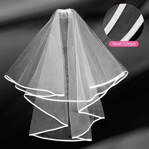 Short Wedding Veil, 2 Tiers White Bridal Veil with Comb Satin Edge Tulle Veils for Women Wedding Bachelorette Party in Saudi Arabia