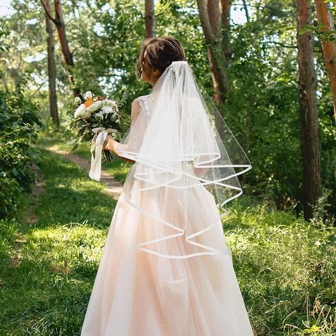 Short Wedding Veil, 2 Tiers White Bridal Veil with Comb Satin Edge Tulle Veils for Women Wedding Bachelorette Party in Saudi Arabia