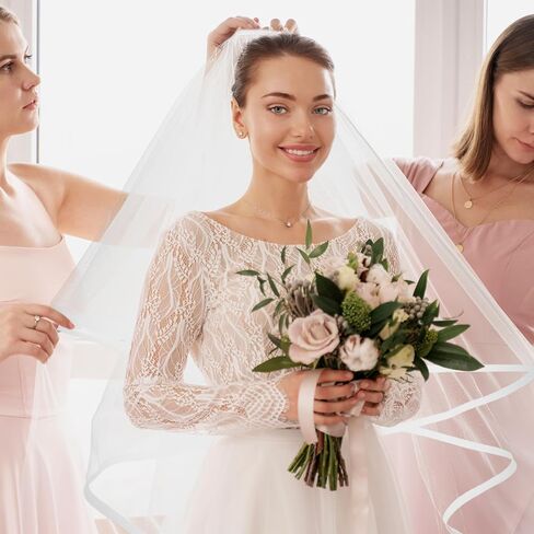 Short Wedding Veil, 2 Tiers White Bridal Veil with Comb Satin Edge Tulle Veils for Women Wedding Bachelorette Party in Saudi Arabia