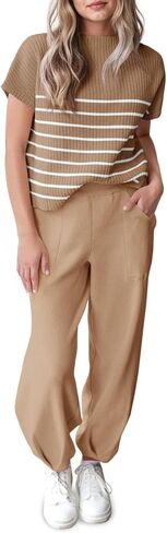 Tankaneo Women's 2 Piece Outfits Knit Pullover Striped Short Sleeve Sweater Tops and Pants Lounge Matching Sweatsuit Sets in Kuwait