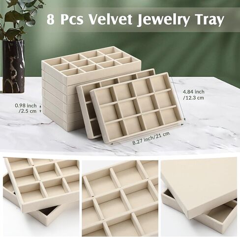 Highergo 8 Pcs Small Velvet Jewelry Trays Stackable Drawers Organizer Ring Earring Storage Trays, 8.3x4.7x1''(7 Long Slots) in Saudi Arabia
