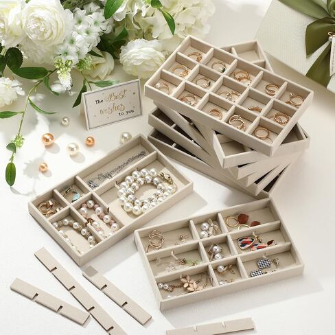 Highergo 8 Pcs Small Velvet Jewelry Trays Stackable Drawers Organizer Ring Earring Storage Trays, 8.3x4.7x1''(7 Long Slots) in Saudi Arabia