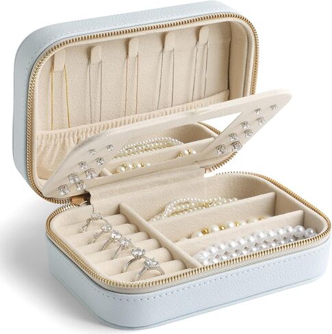 Genuine Leather Travel Jewelry Organizer Case with Mirror for Women, Small Mini Portable Jewelry Box for Ring Earrings Necklace Bracelet Luxury Gift for Women（Cyan） in Saudi Arabia