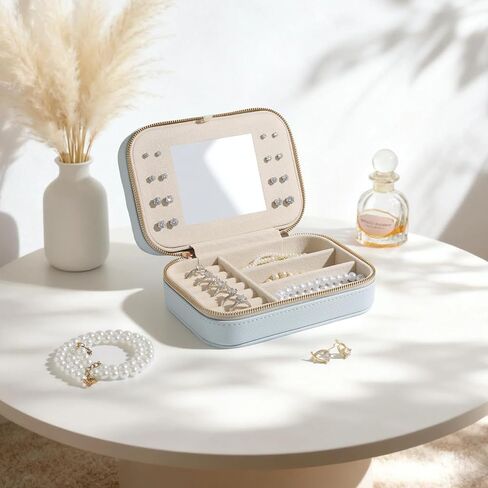 Genuine Leather Travel Jewelry Organizer Case with Mirror for Women, Small Mini Portable Jewelry Box for Ring Earrings Necklace Bracelet Luxury Gift for Women（Cyan） in Saudi Arabia