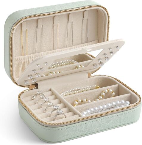 Genuine Leather Travel Jewelry Organizer Case with Mirror for Women, Small Mini Portable Jewelry Box for Ring Earrings Necklace Bracelet Luxury Gift for Women（Cyan） in Saudi Arabia