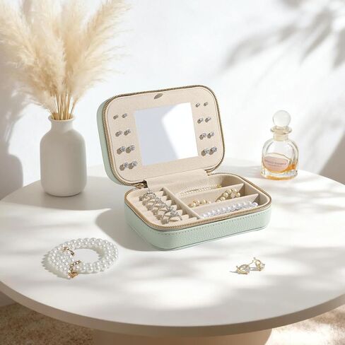 Genuine Leather Travel Jewelry Organizer Case with Mirror for Women, Small Mini Portable Jewelry Box for Ring Earrings Necklace Bracelet Luxury Gift for Women（Cyan） in Saudi Arabia