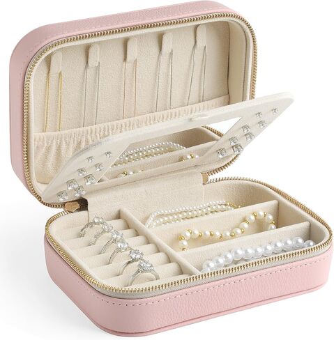 Genuine Leather Travel Jewelry Organizer Case with Mirror for Women, Small Mini Portable Jewelry Box for Ring Earrings Necklace Bracelet Luxury Gift for Women（Cyan） in Saudi Arabia