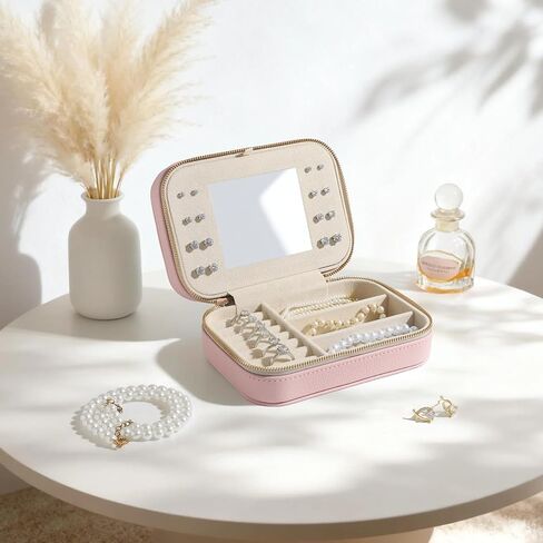 Genuine Leather Travel Jewelry Organizer Case with Mirror for Women, Small Mini Portable Jewelry Box for Ring Earrings Necklace Bracelet Luxury Gift for Women（Cyan） in Saudi Arabia