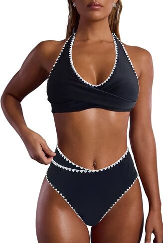 High Waisted Bikini Sets for Women 2 Piece Swimsuits Twist Front Bikini Halter Push Up Top Tummy Control Swimwear in Saudi Arabia