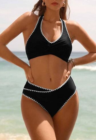 High Waisted Bikini Sets for Women 2 Piece Swimsuits Twist Front Bikini Halter Push Up Top Tummy Control Swimwear in Saudi Arabia