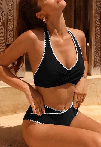 High Waisted Bikini Sets for Women 2 Piece Swimsuits Twist Front Bikini Halter Push Up Top Tummy Control Swimwear in Saudi Arabia