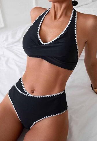 High Waisted Bikini Sets for Women 2 Piece Swimsuits Twist Front Bikini Halter Push Up Top Tummy Control Swimwear in Saudi Arabia