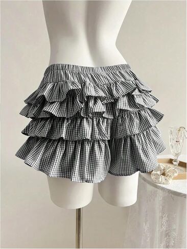GORGLITTER Women's Gingham Ruffle Shorts Y2K Tiered Ruffle Elastic Waist Bow Mini Shorts in Saudi Arabia