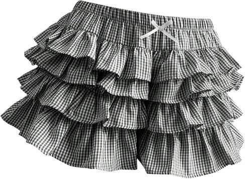 GORGLITTER Women's Gingham Ruffle Shorts Y2K Tiered Ruffle Elastic Waist Bow Mini Shorts in Saudi Arabia