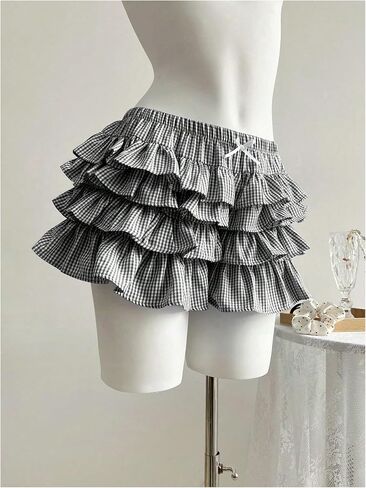 GORGLITTER Women's Gingham Ruffle Shorts Y2K Tiered Ruffle Elastic Waist Bow Mini Shorts in Saudi Arabia