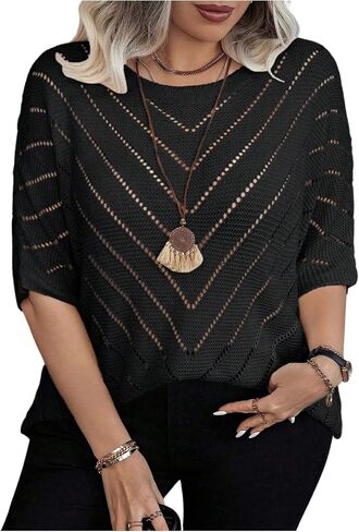 Women's Plus Size Crochet Sweater Hollow Out Lightweight Sweater Crew Neck Half Sleeve Summer Spring Autumn Knit Top in Saudi Arabia