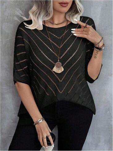 Women's Plus Size Crochet Sweater Hollow Out Lightweight Sweater Crew Neck Half Sleeve Summer Spring Autumn Knit Top in Saudi Arabia