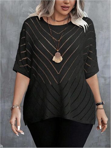 Women's Plus Size Crochet Sweater Hollow Out Lightweight Sweater Crew Neck Half Sleeve Summer Spring Autumn Knit Top in Saudi Arabia