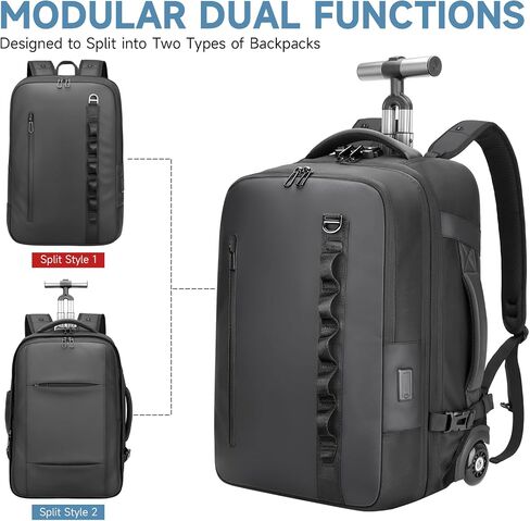 Travel Rolling Backpack,3 in 1 Carry on Backpack Flight Approved,Waterproof Personal Item Bag with Detachable Backpack,Extra Luggage Backpack 55L for Work Teacher College,Black in Saudi Arabia
