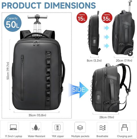 Travel Rolling Backpack,3 in 1 Carry on Backpack Flight Approved,Waterproof Personal Item Bag with Detachable Backpack,Extra Luggage Backpack 55L for Work Teacher College,Black in Saudi Arabia