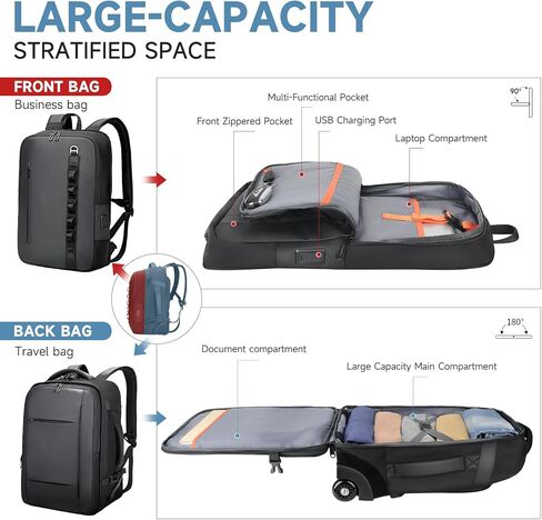 Travel Rolling Backpack,3 in 1 Carry on Backpack Flight Approved,Waterproof Personal Item Bag with Detachable Backpack,Extra Luggage Backpack 55L for Work Teacher College,Black in Saudi Arabia