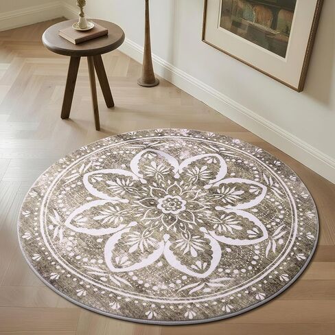 Carvapet 2ft Small Round Rugs - Washable 24 inch/61 cm Vintage Non-Slip Circle Rug with Rubber Backing Foldable Low Pile Design for Entryway Living Room Bedroom, Grey Rug in Kuwait