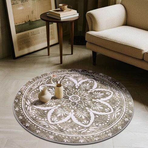 Carvapet 2ft Small Round Rugs - Washable 24 inch/61 cm Vintage Non-Slip Circle Rug with Rubber Backing Foldable Low Pile Design for Entryway Living Room Bedroom, Grey Rug in Kuwait