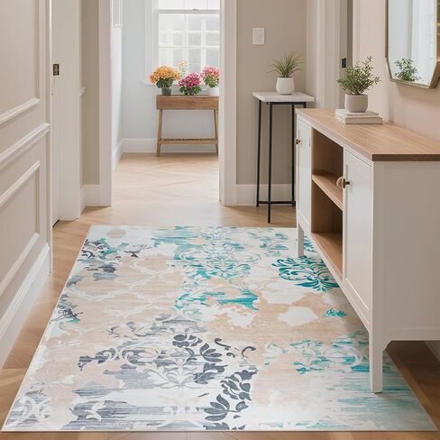 Vintage Area Rug 5x8 Rugs, Machine Washable Vintage Area Rug Non-Slip Low Pile Large Rug for Living Room, Bedroom, Farmhouse, Dining Room, Blue in Saudi Arabia