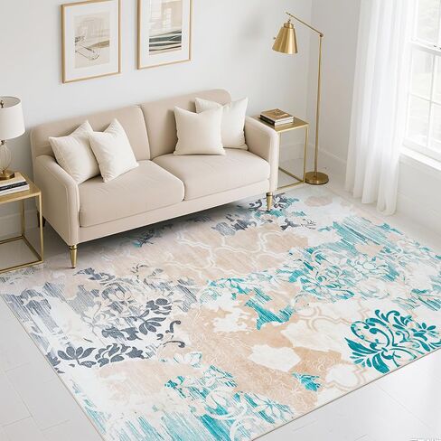 Vintage Area Rug 5x8 Rugs, Machine Washable Vintage Area Rug Non-Slip Low Pile Large Rug for Living Room, Bedroom, Farmhouse, Dining Room, Blue in Saudi Arabia