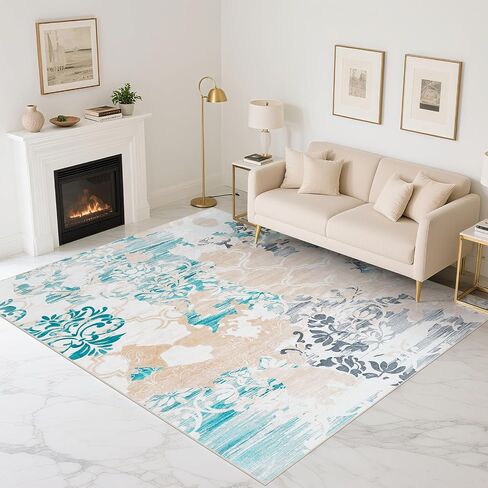 Vintage Area Rug 5x8 Rugs, Machine Washable Vintage Area Rug Non-Slip Low Pile Large Rug for Living Room, Bedroom, Farmhouse, Dining Room, Blue in Saudi Arabia