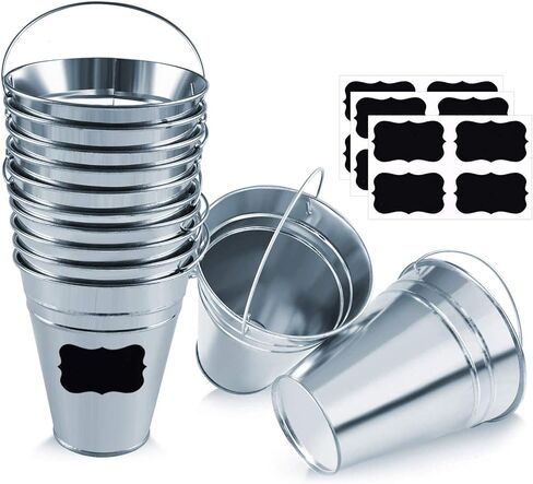Galvanized Metal Buckets with Chalkboard Stickers and 5.5" Mini Plastic Kitchen Scoops - Set of 6 in Kuwait
