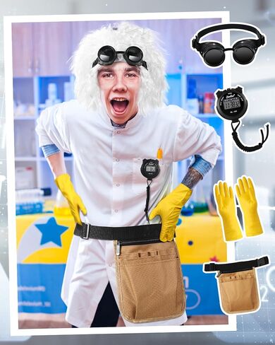 مجموعة إكسسوارات أزياء الهالوين ماد ساينتس المكونة من 5 قطع من Mepase تتضمن باروكة عالم مجنون ونظارات واقية وقفازات مطاطية وحزام أدوات وساعة إيقاف للرجال والبالغين والحفلات التنكرية متعددة الألوان in Saudi Arabia