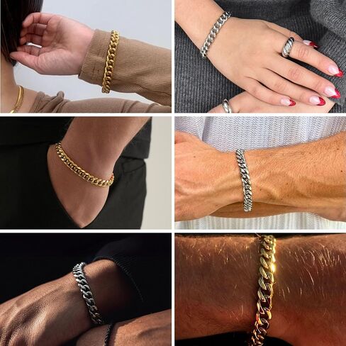 NOKMIT Stainless Steel Cuban Link Bracelet for Men & Women, 5mm/9mm/12mm Width, 7"/7.5"/8"/8.5" Length, Dainty 14K Gold Silver Chunky Curb Chain Bracelets Hip Hop Jewelry, Unisex Gifts in Kuwait