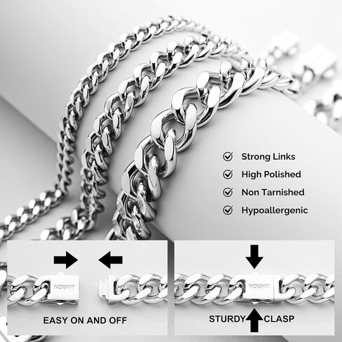 NOKMIT Stainless Steel Cuban Link Bracelet for Men & Women, 5mm/9mm/12mm Width, 7"/7.5"/8"/8.5" Length, Dainty 14K Gold Silver Chunky Curb Chain Bracelets Hip Hop Jewelry, Unisex Gifts in Kuwait