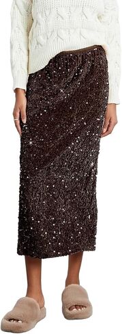 Women's Elegant Sparkly Sequin Midi Skirt Elastic High Waist Shiny Glitter Pencil Formal Party Long Skirt in Kuwait