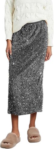Women's Elegant Sparkly Sequin Midi Skirt Elastic High Waist Shiny Glitter Pencil Formal Party Long Skirt in Kuwait