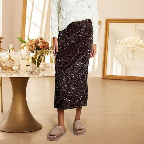 Women's Elegant Sparkly Sequin Midi Skirt Elastic High Waist Shiny Glitter Pencil Formal Party Long Skirt in Kuwait