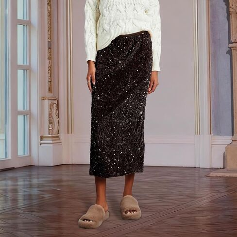 Women's Elegant Sparkly Sequin Midi Skirt Elastic High Waist Shiny Glitter Pencil Formal Party Long Skirt in Kuwait
