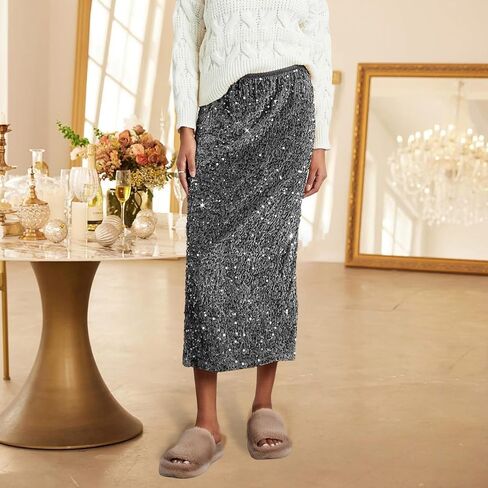 Women's Elegant Sparkly Sequin Midi Skirt Elastic High Waist Shiny Glitter Pencil Formal Party Long Skirt in Kuwait