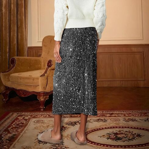 Women's Elegant Sparkly Sequin Midi Skirt Elastic High Waist Shiny Glitter Pencil Formal Party Long Skirt in Kuwait